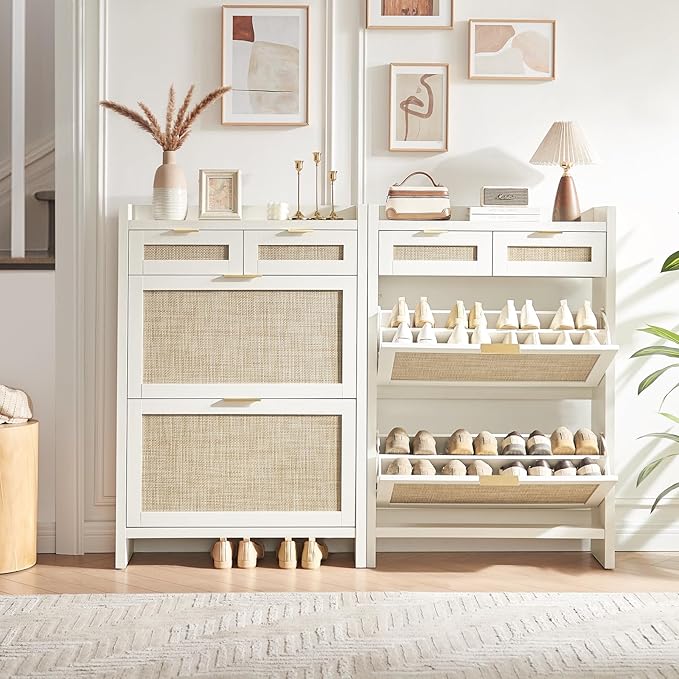 HOKYHOKY Rattan Shoe Storage Cabinet with 2 Drawers & 2 Flip Drawers – Hidden Slim Shoe Organizer for Entryway, Large Tabletop Space, Farmhouse Boho Narrow Shoe Rack, Rustic White