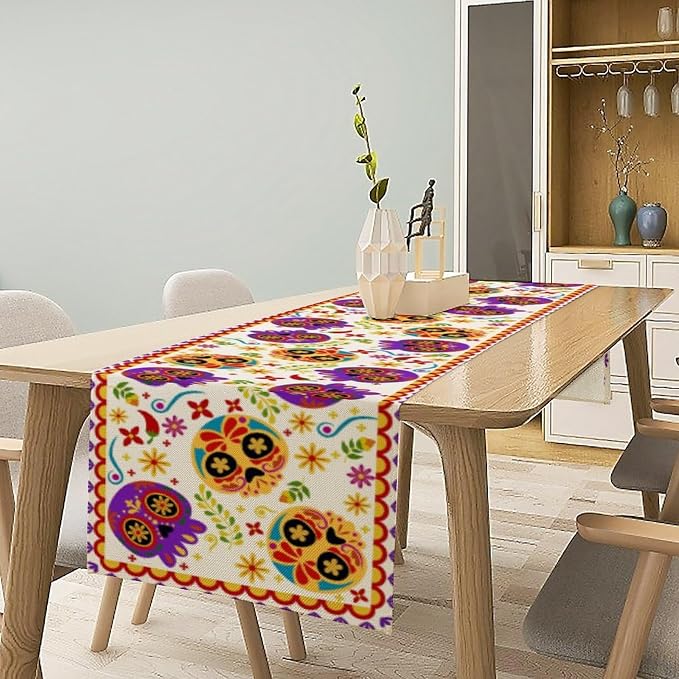 Mexican Fiesta Table Runner Decoration Skull Cinco De Mayo Dia De Los Muertos Runners Farmhouse Rustic Day of The Dead Decor Supplies for Kitchen Dining Home, 13x36 Inch White