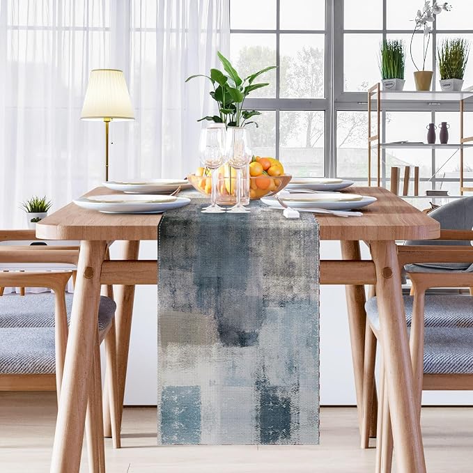 Emvency Farmhouse Table Runner, Vintage Blue and Grey Abstract Art Painting for Kitchen Coffee Table Family Dinners Holiday Parties Wedding Events Decor(13x60 inch)