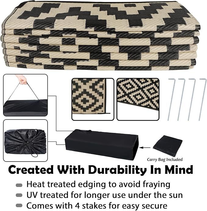 SAND MINE Reversible Mats, Plastic Straw Rug, Modern Area Rug, Large Floor Mat and Rug for Outdoors, RV, Patio, Backyard, Deck, Picnic, Beach, Trailer, Camping, Black & Beige, 10' x 14'