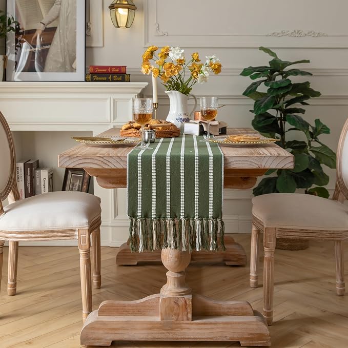 Caflife Boho Table Runner 60 Inchs Long Green, Cotton and Linen Woven with Tassels, for Modern Rustic Farmhouse Neutral Table Runners, Bohemian Kitchen Dining Table Home Decor