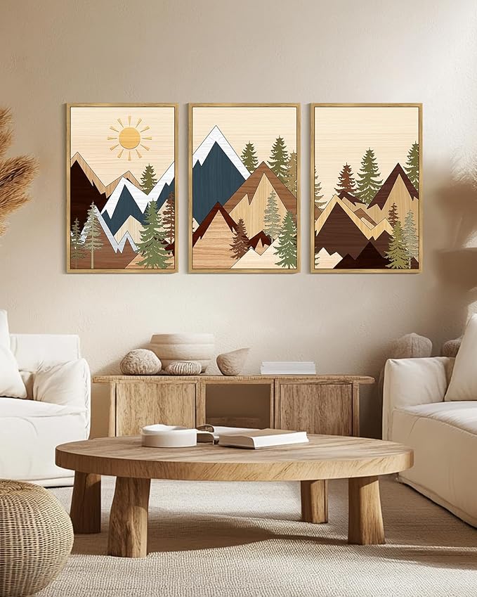 PHOPAGO Mountains Framed Wall Art Large 24x36in Morden Boho Woodcut Pine Tree Forest Nature Landscape Artwork Bohemain Farmhouse Bedroom Rustic Home Decor - Natural Framed