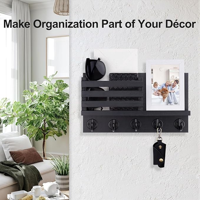 Lwenki Key Holder for Wall – Decorative Wooden Mail Holder and Key Shelf with Mounting Hardware, Installation Guide – Paulownia Wood with Metal Key Hooks (Black, Large - 11.8inch)