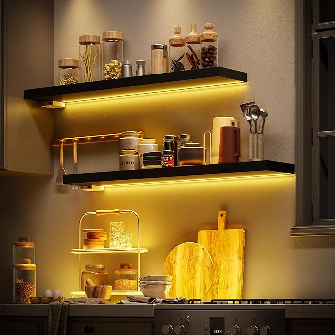 BAMEOS Floating Shelves with LED Light, Wall Mounted Wooden Shelves with Invisible Brackets, Set of 2, Hanging Wall Shelves for Bedroom, Bathroom, Living Room and Kitchen(31", Blcak)