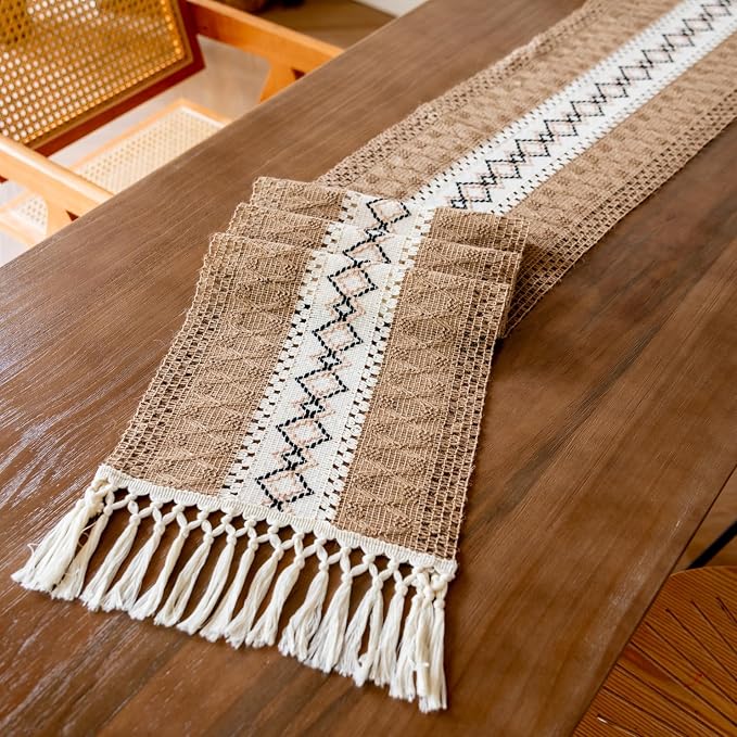 EMMTEEY Macrame Table Runner Boho Style - Scratch & Heat Resistant, Hexagonal Grid Cotton Linen Table Runner with Tassels for Home Decor/Bedroom (12"X72", Brown White)