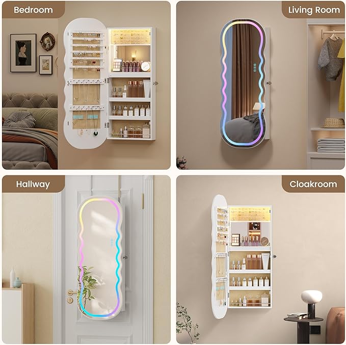Lvifur RGB Lighted Mirror Jewelry Cabinet,LED Wavy Wide Mirror with Storage, Wall or Door Mounted Jewelry Organizer with Interior Mirror,Lockable Jewelry armoire,Gift Ideal