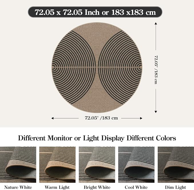 Lahome Enfys Modern Rainbow Round Rug, 6ft Easy Jute Circle Patio Rug Washable Indoor Outdoor Living Room Carpet, Farmhouse Natural Contemporary Round Carpet for Entryway Backyard