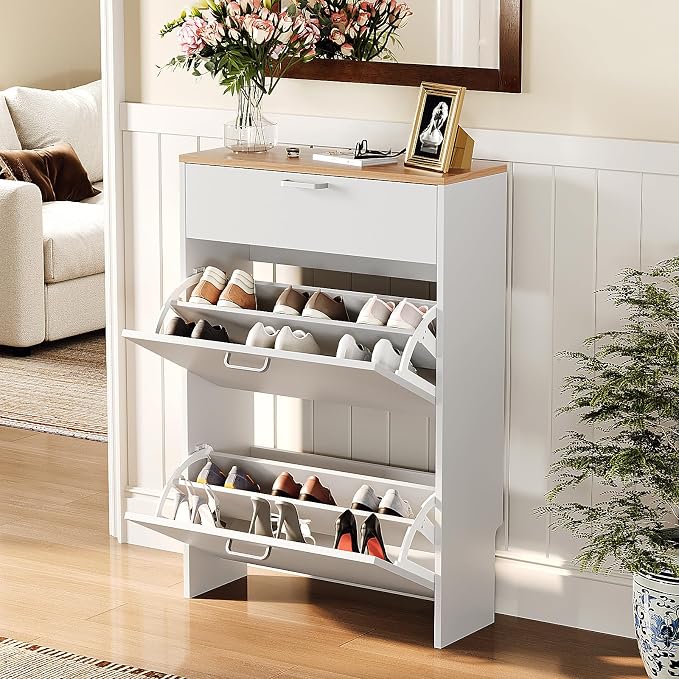 VINGLI Set of 2 Shoe Cabinet Storage for Entryway, Ultra Slim Shoe Organizer with 2 Flip & 1 Drop-Down Drawers, 2-Pack Narrow Shoe Cabinet 24.8" W for Front Door, Freestanding Modern White Shoes Rack