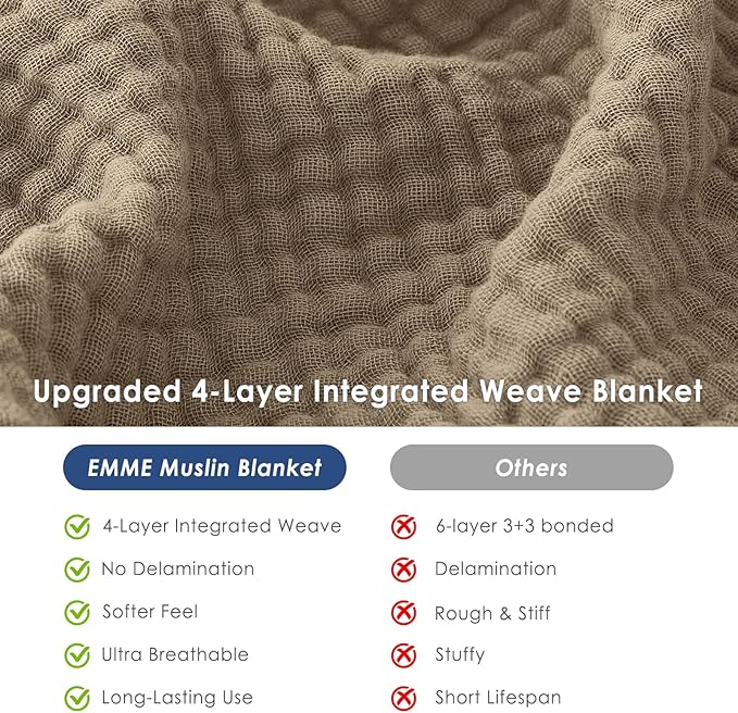 EMME Cotton Muslin King Blanket Bed Layering Bedspread Coverlet Breathable Gauze Soft Lightweight (Tan, 108"x90")