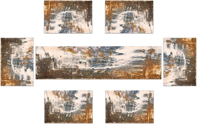 Rust Table Runner and Place Mats Set of 6 Abstract Blue and Brown Metal Steel Iron Rusty Stain Linen Dining Mat Sets Washable Vintage Splash Messy for Home Table Decorations 70 Inches Long