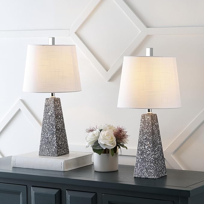 JONATHAN Y 20.5" Dark Gray Terrazzo Modern Resin Table Lamp for Bedroom Living Room, Contemporary Faceted Bedside Lamp with White Linen Shade, LED Bulb Included (JYL1037C-SET2)