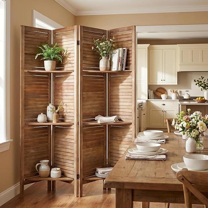 Bluecat 4 Panel Folding Room Divider with Shelves, Portable Lightweight Privacy Screen for Bedroom Home Office, No Assembly Required, Natural