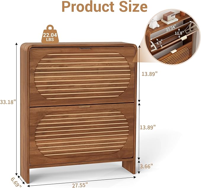 Wood Shoe Storage Cabinet with 2 Flip Drawer, Mid-Century Farmhouse Curved Corner Shoe Cabinet Arched Fluted Pattern, Hidden Narrow Shoe Organizer for Entryway, Living Room (Walnut, No-Divider)