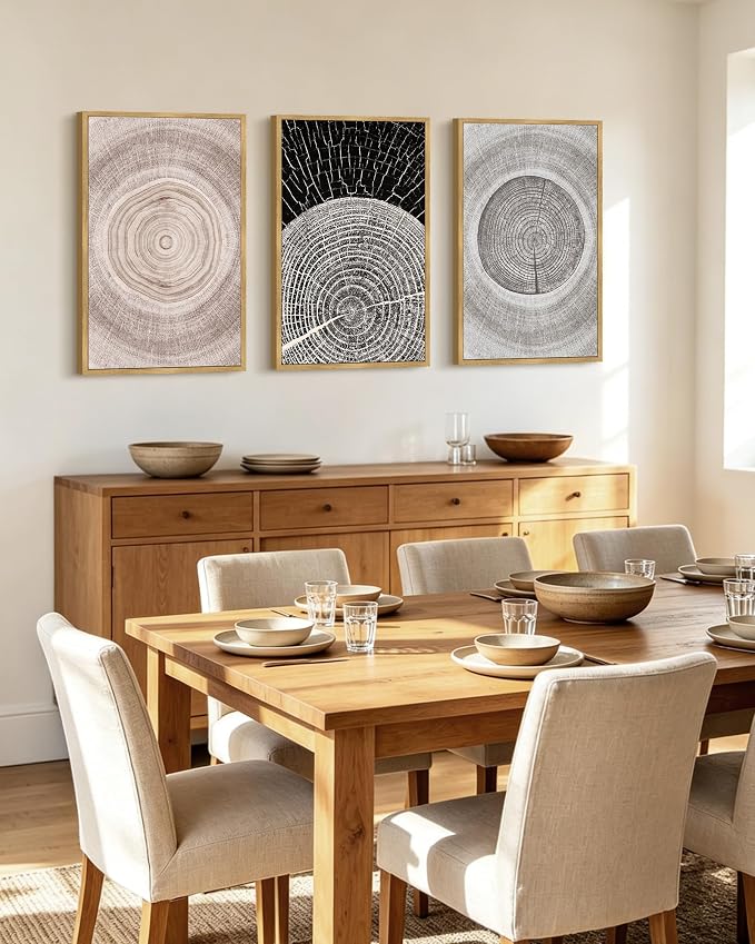 PHOPAGO Vintage Wood Tree Rings Wall Art 16x24in Farmhouse Rustic Framed Paintings Nature Artwork for Dining Room Home Office - Natural Framed