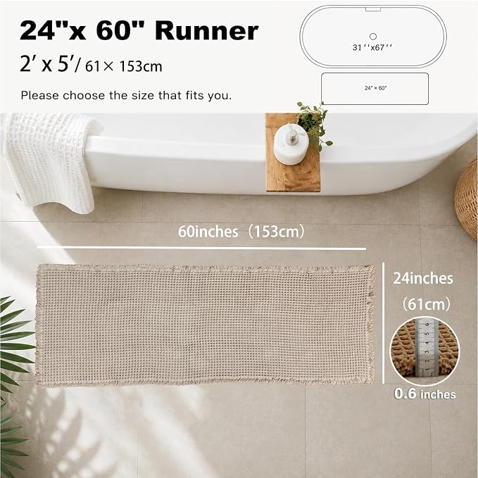 Upgraded Waffle Bath Mat with Rubber Backing Non-Slip Boho Bathroom Rug with Tassels, Ultra Absorbent & Soft Woven Shower Mat, Machine Washable, Multi-Size Options (Beige, 24"×60")