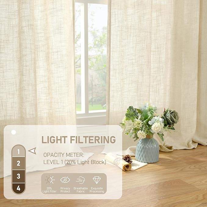 LAMIT Beige Linen Curtains for Living Room 2 Panels Set, 68 Inch Faux Linen Textured Light Filtering Drapes Back Tab and Rod Pocket Boho Panels for Farmhouse/Bedroom/Porch, 52 x 68 Inch