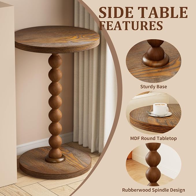 Round Side Table, Drink Table for Small Spaces, Modern Accent Nightstand with Rubberwood Leg for Living Room, Bedroom, Corners, and Office, Set of 2 (Brown)