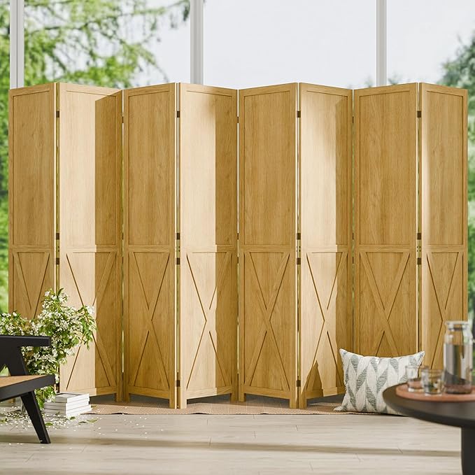 Cozy Castle 8 Panel Folding Room Divider, Solid Wood Privacy Screen, Freestanding Partition Wall, Temporary Wall for Home/Office/Bedroom/Restaurant, Natural