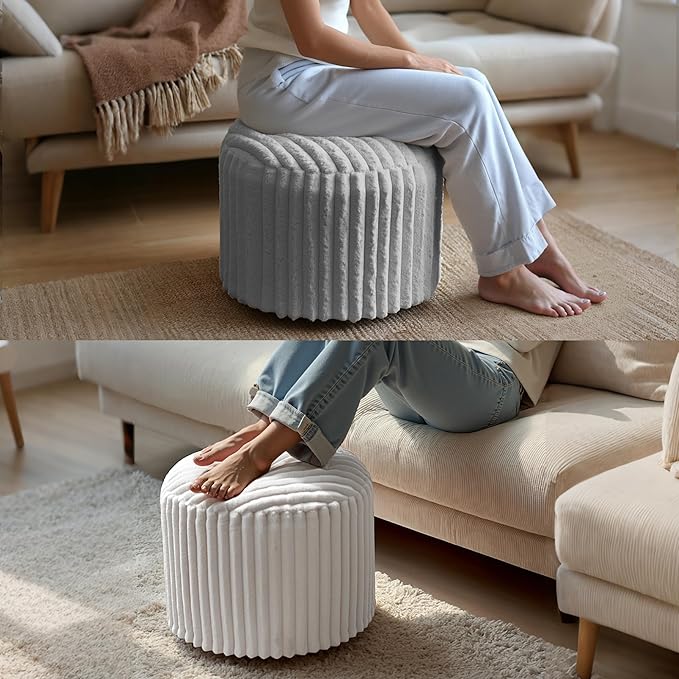 Round Stuffed Pouf Ottoman, Stripe Faux Fur Footrest, Solid Block Support+Soft Cushion Comfort, Removable Washable Cover, 20" Floor Pouf for Living Room Bedroom Dorm Vanity, Cream Beige