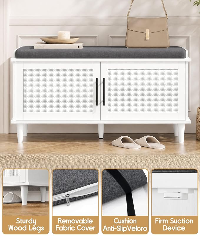 Akxomel Rattan Shoe Storage Bench with Cushion, 2-Tier Entryway Bench with Adjustable Shelves and 2 Doors, 15" D x 39.4" W x 20" H, Solid Wood Legs, for Hallway, Living Room, Bedroom, White