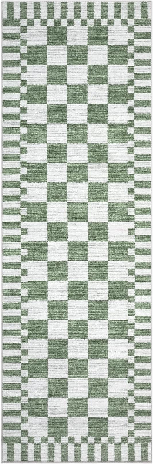 GarveeHome 2.5×10 Kitchen Runner Rug Non Slip,Sage Green Checkered Rug,Washable Runner Rug for Hallway Soft Low-Pile Geometric Checkerboard Rugs for Entryway Kitchen Dining Room