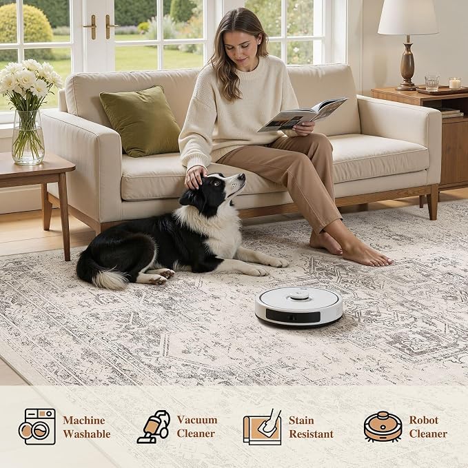 UERMEI 10x12 Area Rug Living Room Rugs - Washable Vintage Soft Large Rug Indoor Floor No Slip Rug Carpet for Bedroom Farmhouse Under Dining Table Home Office Decor - Beige/Camel