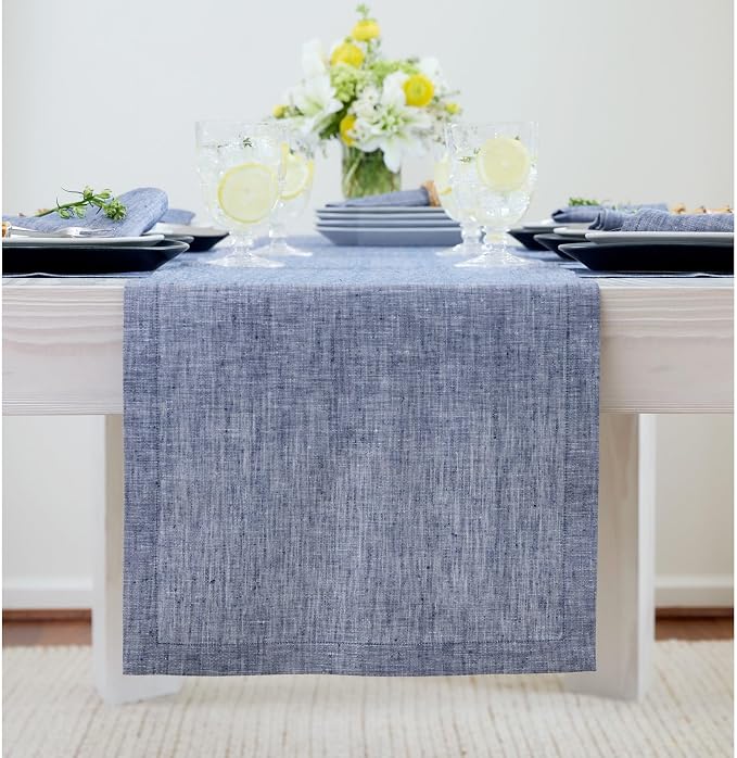 Solino Home Linen Chambray Indigo Table Runner 90 Inches Long - Athena, 100% Pure Linen Dining Table Runner 14 x 90 Inch for Summer