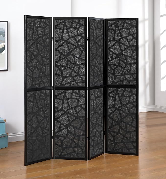 Roundhill Furniture Aurra 4-Panel Wood Room Divider, Folding Portable Partition Screen, Black Screen with Black Frame