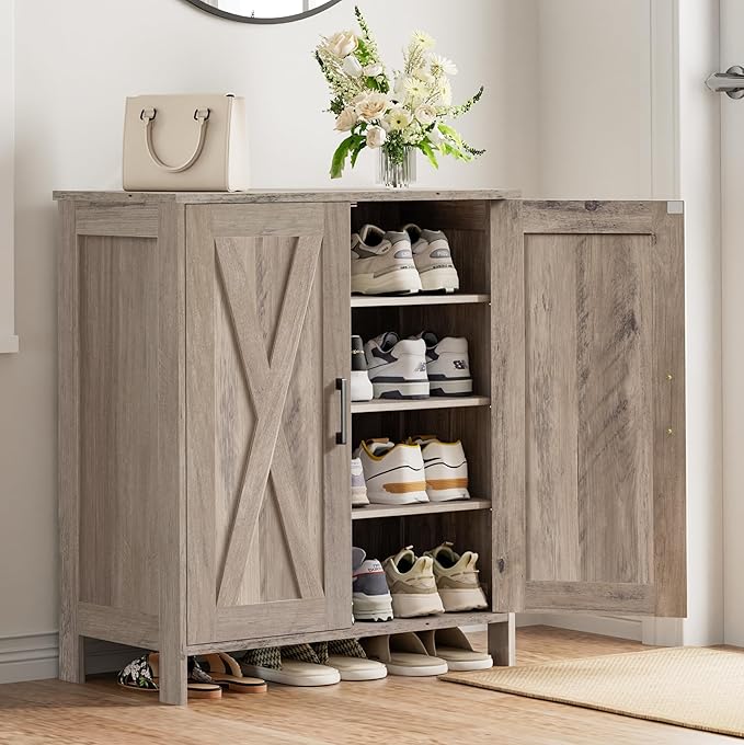 Homleke Farmhouse Shoe Cabinet with 2 Barn Doors & Wood Legs, 5-Tier Shoe Storage Cabinet with 3 Adjustable Shelves, Tall Shoe Rack Organizer for Closet, Shoe Organizer for Entryway, Hallway, Greige