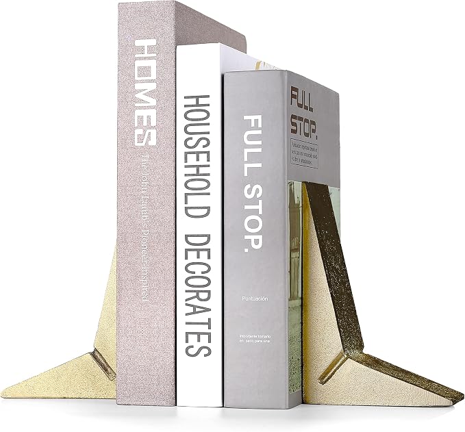 Cast Iron Geometric Decorative Bookends, Sharp Triangle Theme, Heavy Duty, Set of 2 Gold