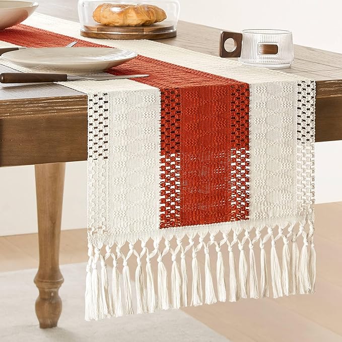 ZeeMart Macrame Style Bicolor Stitching Table Runner, 14 x 90 Inch Orange/Ivory, Boho Burnt Orange Fall Table Runners 90 Inches Long, Farmhouse Woven Fall Home Decor