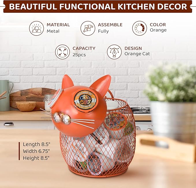 Made Easy Kit Coffee Pod Basket Organizer Practical Decoration - Compatible with Keurig K-Cup Pods & Capsules - Home Cafe Bar Decor Useful Kitchen Countertop Freestanding (Cat Orange)