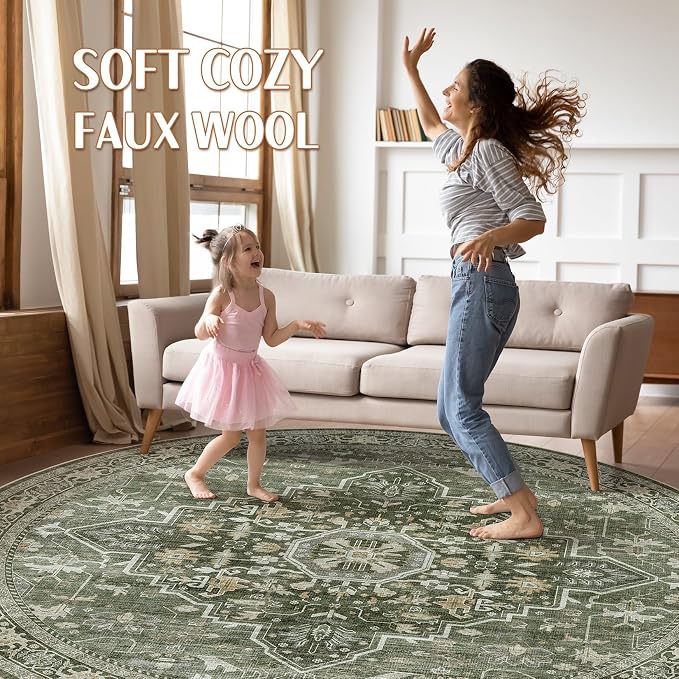 Round Rug Living Room Rugs: 8x8 Washable Boho Neutral Large Circle Soft Indoor Floral Stain Resistant Floor Farmhouse Carpet for Bedroom Nursery Kids Playroom Office Dining Room- Dark Green