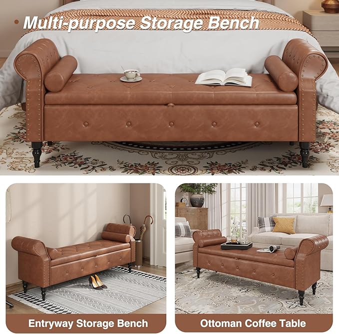 FiveWillowise 65" Bedroom Bench with Storage,Faux Leather Bed Benches with Tufted Buttons,Large Upholstered Storage Bench with Rolled Arms and Nailhead Trim for King Size End of Bed,Entryway,Brown
