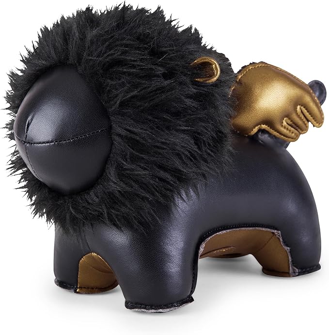 Bookend Lion Vivi, Leather Bookends for Shelves, Handmade Animal Home Decor, Zuny Series, Black+Copper