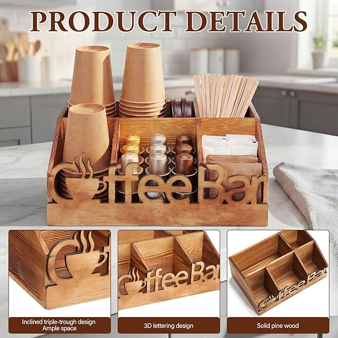 Coffee Station Organizer for Counter Wood Countertop Accessories Organizer Coffee Pods Holder Storage Basket for Pods Condiment Syrup Tea Cups Stirrers for Rustic Bar Decoration(Natural)