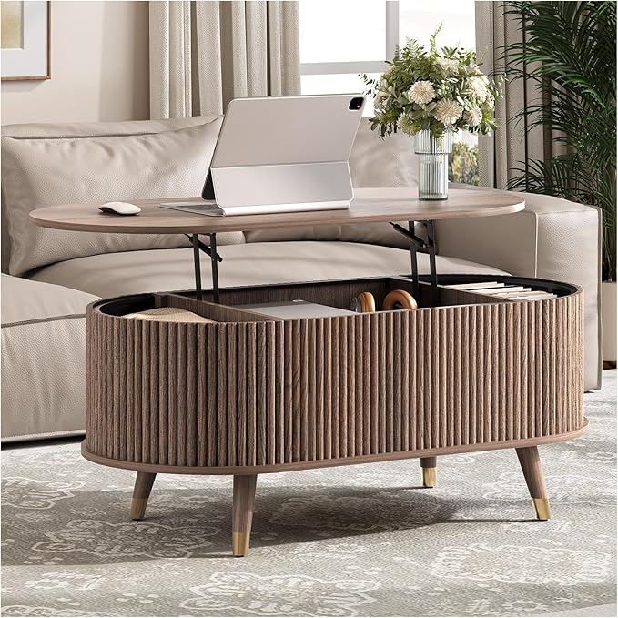Oval Coffee Table with Storage, 42.5” Fluted Coffee Table with Lifting Top & Solid Wood Legs, Modern Lift Up Center Table for Living Room, Home Office, Walnut