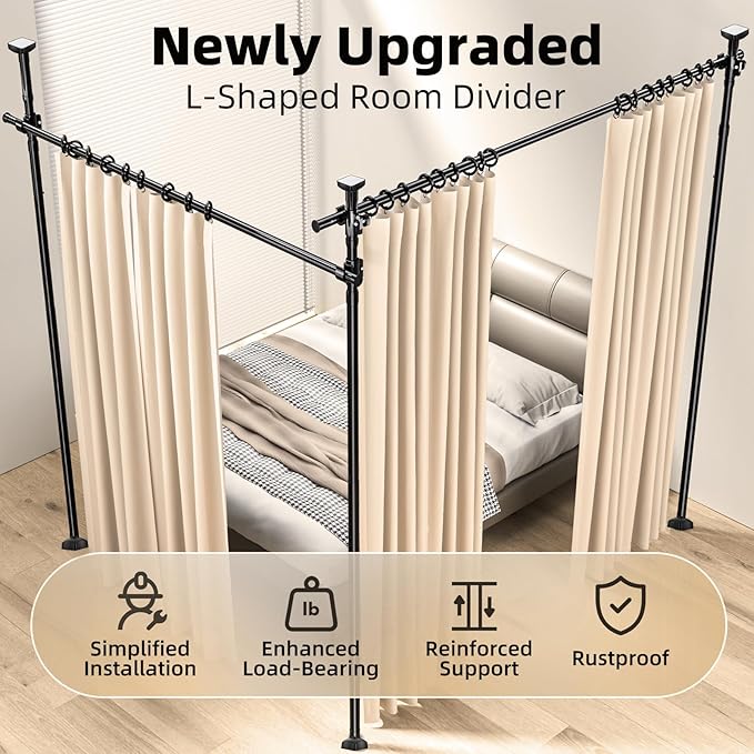 Room Divider, Tension Curtain Rod No Drilling,4-10ft(H) 28-140inch(W) Wall Divider for Room Separation, Heavy Duty Room Partition Separator, Adjustable Folding Privacy Screens,Black