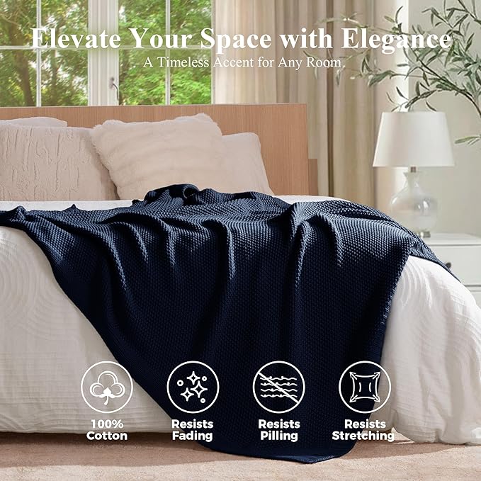 100% Cotton Cable Knit Throw Blanket, Lightweight Soft Knit Blanket for Sofa Couch Bed, Breathable All-Season Throw, Cozy Decorative Blanket, 50 x 60 Inch,Navy