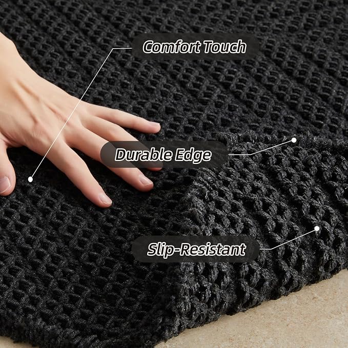 Sunfly Black Bathroom Rug, Waffle Bath Mat Non-Slip Washable Super Absorbent Quick Dry, Boho Farmhouse Bathroom Decor 20"x30" Black