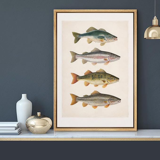 MUDECOR Framed Canvas Print Wall Art Vintage Freshwater Fish Scientific Illustrations Minimalism Decorative Bohemian Zen for Living Room, Bedroom, Office - 16"x24" NATURAL