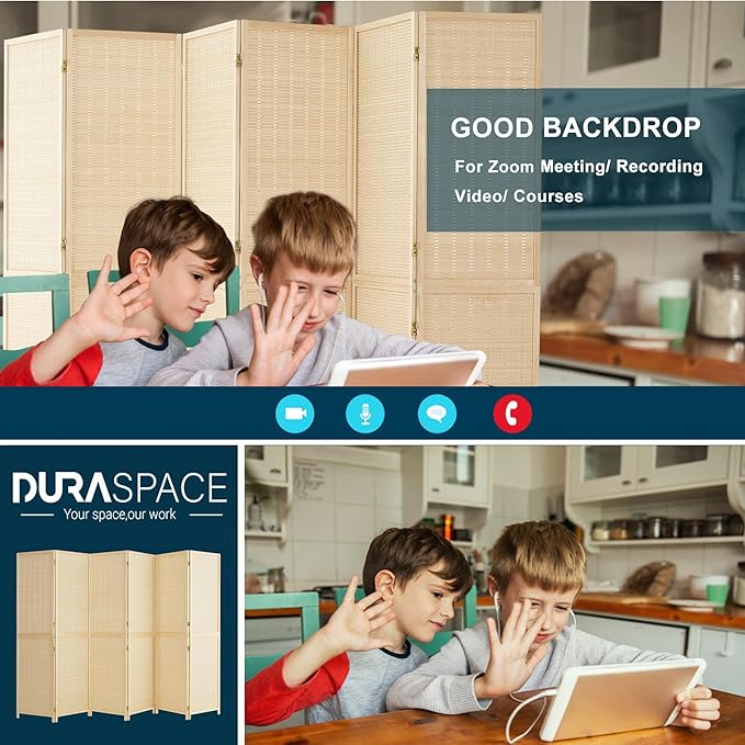 Duraspace 6 Panel Bamboo Room Divider, 5.6ft Tall Folding Privacy Screen for Room Separation and Portable Freestanding Wall Partition, Sturdy Double Hinge Folding Screen