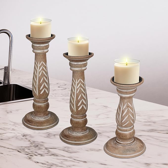 Set of 3 White Wash Farmhouse Wood Pillar Candle Holders - Handcrafted Rustic Tall Candle Holders for Home Decor, Centerpieces, Weddings, and Events - Heights: 14", 12", 10"