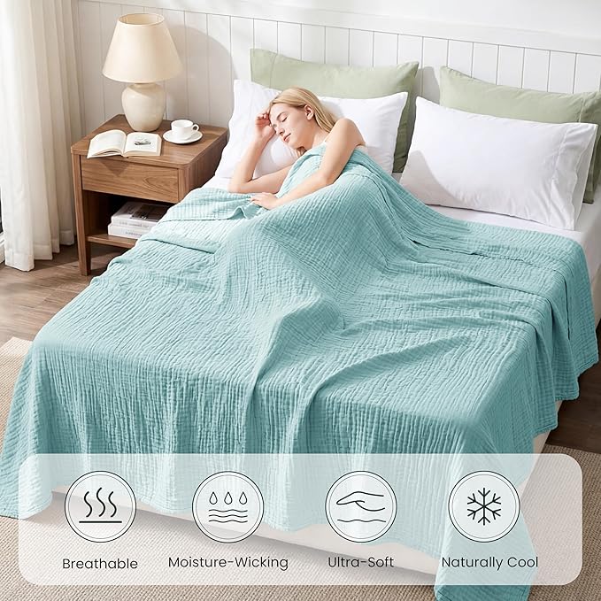 Love's cabin Cooling Muslin Blanket King Size, 50% Rayon Derived from Bamboo, 50% Cotton, 4-Layer Lightweight Breathable Summer Gauze Blanket for Bed, Soft for Hot Sleepers and Kids, 108"x90", Cyan