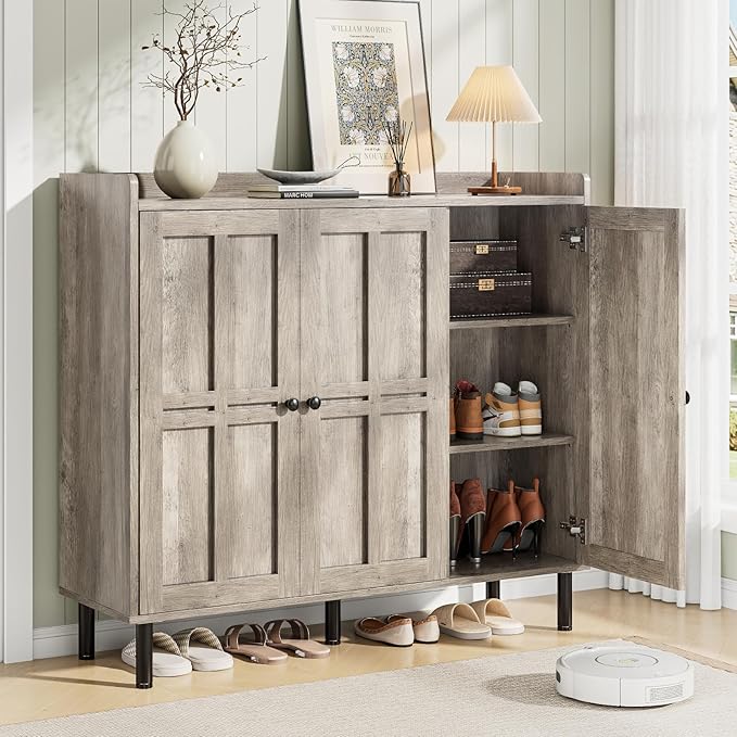 ONBRILL Shoe Cabinet with 3 Doors and Adjustable Shelves, 30 Pairs Shoe Storage Cabinet, 40 Inch Tall Farmhouse Shoe Rack Shoe Organizer Cabinet for Entryway Living Room Closet, Gray Wash