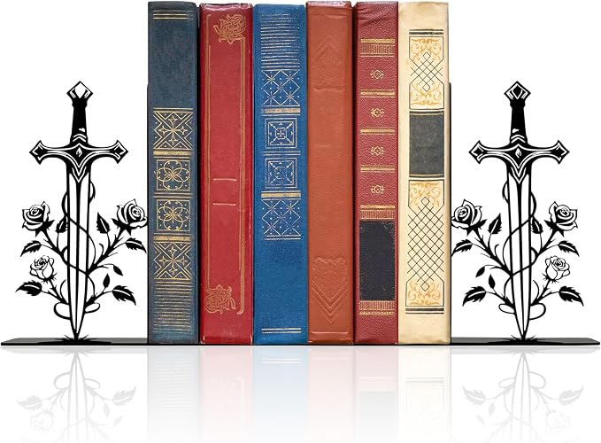 Charming Rose and Sword Design Novelty Bookends - Unique and Decorative Small Bookends for Home, Office.
