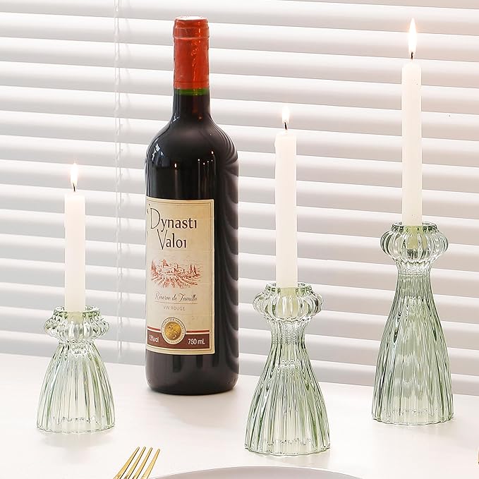Lysenn Glass Candle Stick Holder Set of 6 – Premium Taper Candle Holders for Romantic Ambiance - Candle Sticks Holder Decor for Special Occasions - Green