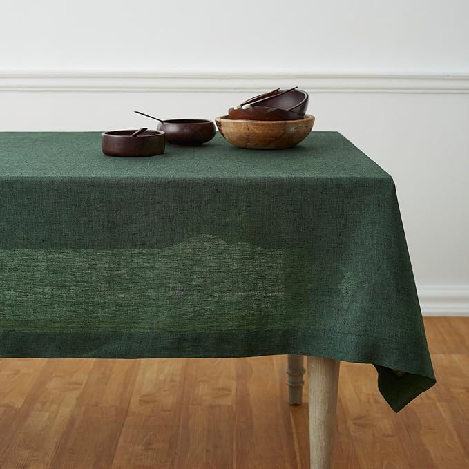 Solino Home Linen Tablecloth 60 x 156 Inch - 100% Pure Linen Forest Green Table Cloth for Rectangle Tables - Athena, Machine Washable Tablecloth