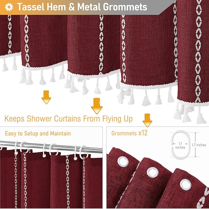 BTTN 78 Inch Long Shower Curtain - Boho Farmhouse Linen Thick Striped Fabric Shower Curtain Set with 12 Plastic Hooks, Tall Rustic Country Luxury Cloth Shower Curtains for Bathroom - Burgundy - 72x78
