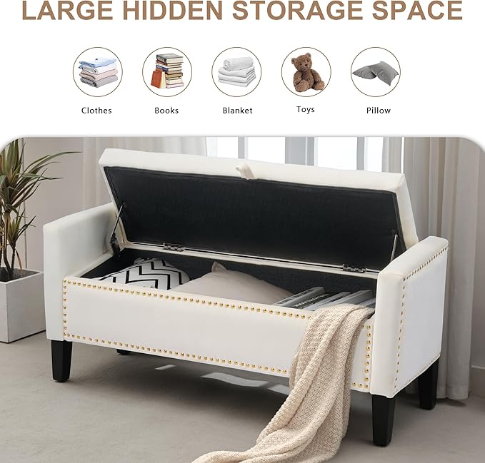 Velvet Storage Ottoman Bench, 46'' Upholstered Button Tufted End of Bed Bench, Modern Entryway Ottoman Bench with Arms, Beige